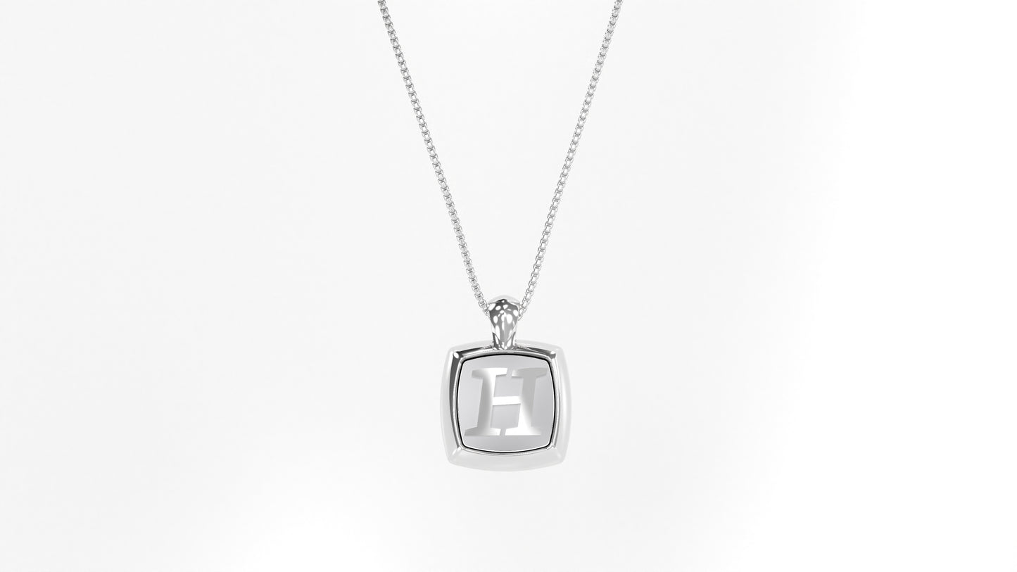 14K White Gold Cushion Initial Necklace