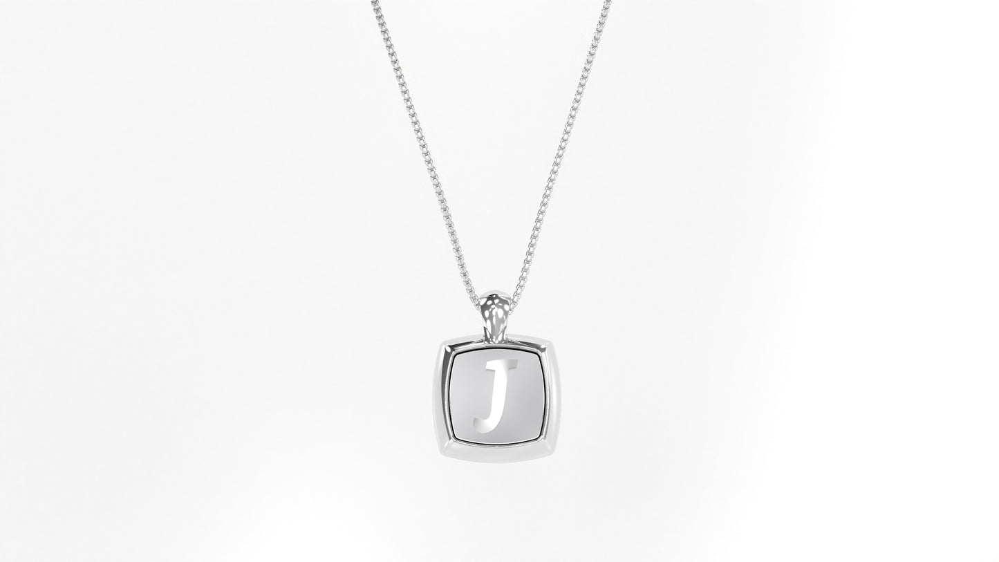 14K White Gold Cushion Initial Necklace
