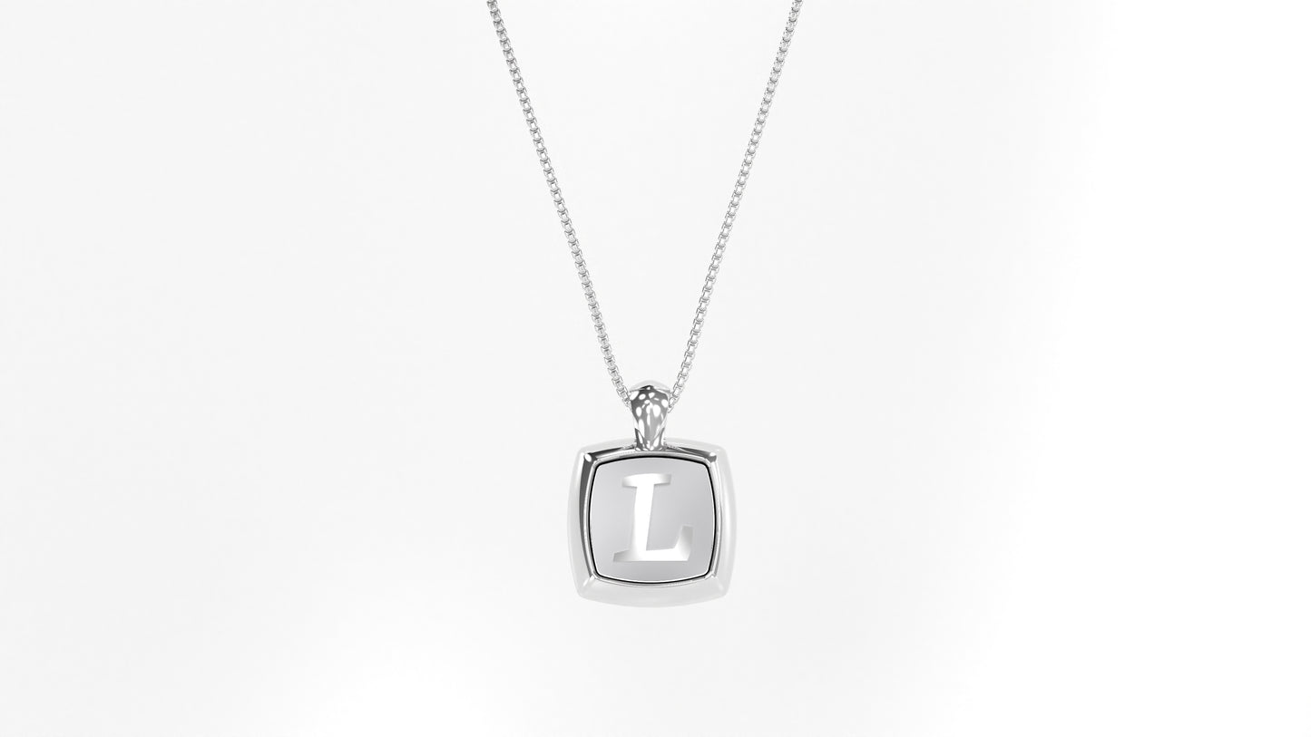 14K White Gold Cushion Initial Necklace