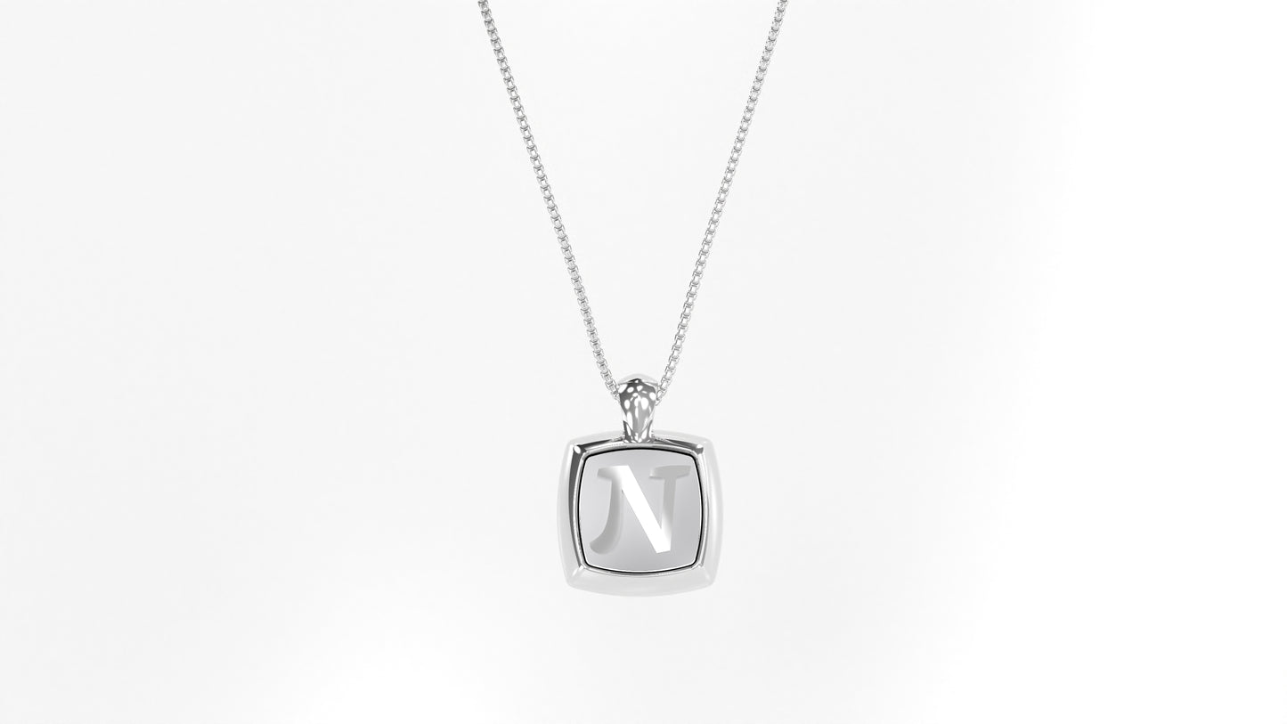 14K White Gold Cushion Initial Necklace