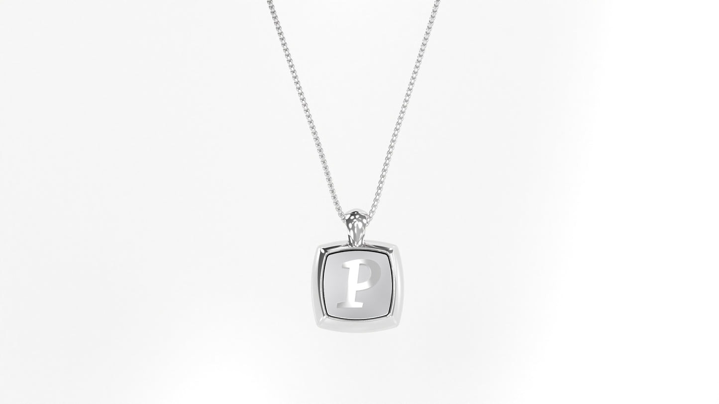 14K White Gold Cushion Initial Necklace