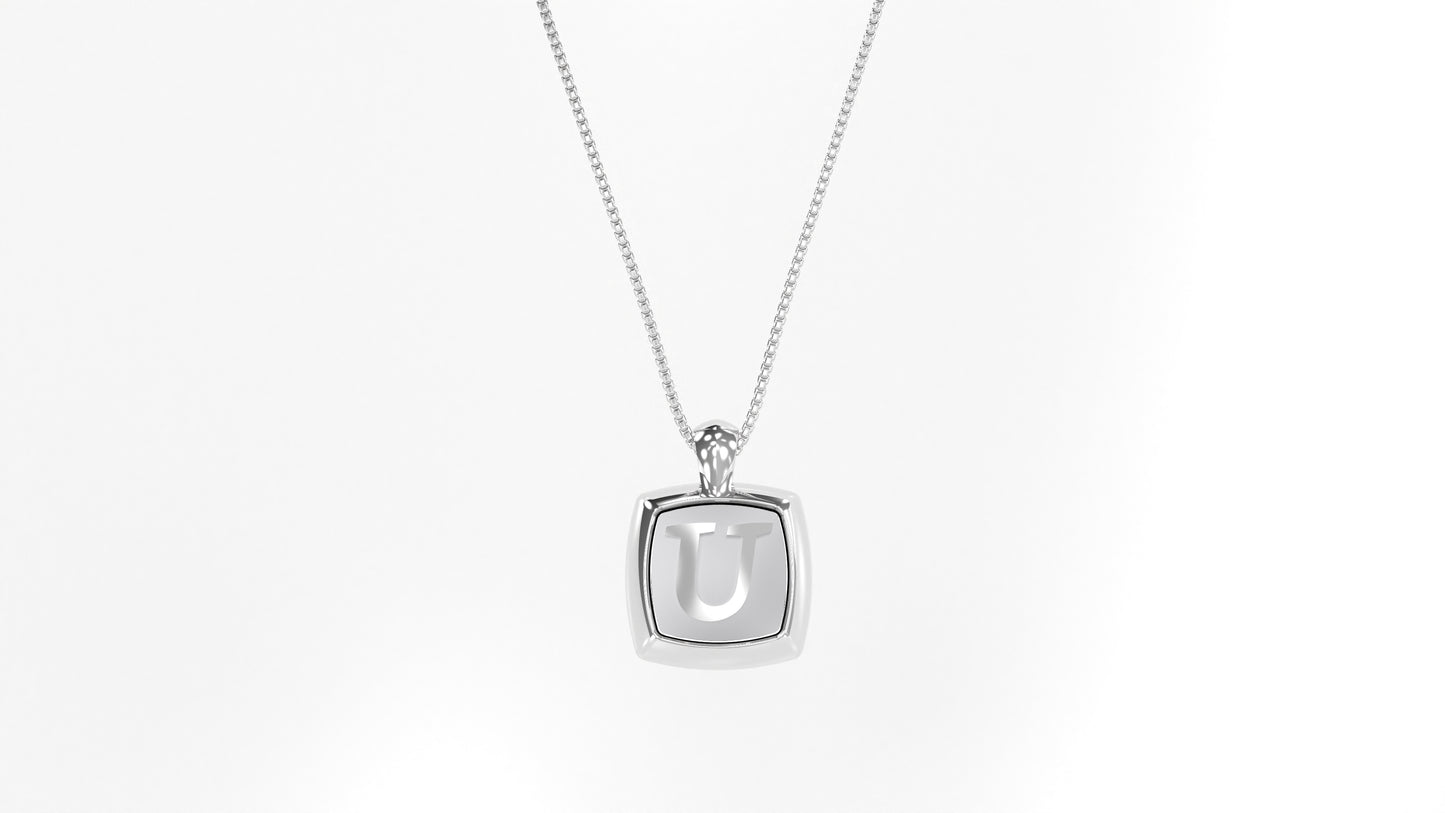 14K White Gold Cushion Initial Necklace