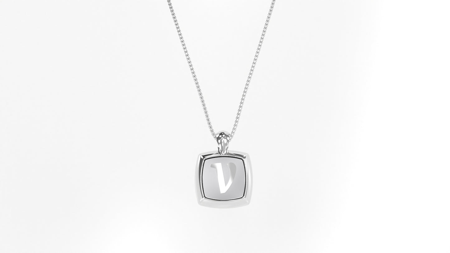 14K White Gold Cushion Initial Necklace